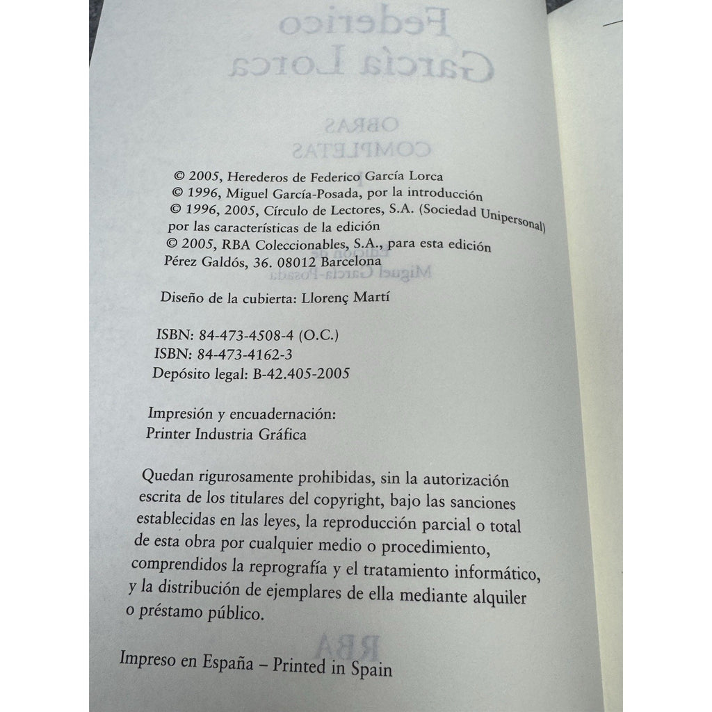 2005 Federico Garcia Lorca Obras Completas I Hardcover RBA Spanish