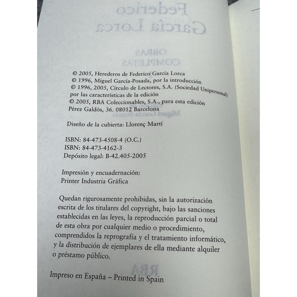 2005 Federico Garcia Lorca Obras Completas I Hardcover RBA Spanish