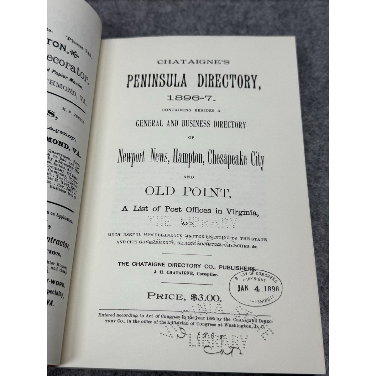 1996 Chataigne’s Peninsula Directory 1896-97 Hampton Newport News Virginia