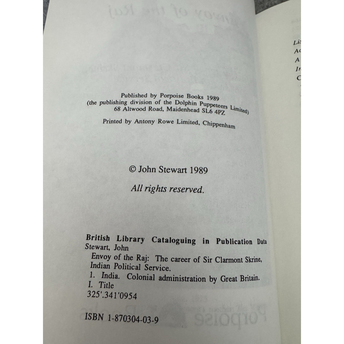 Envoy of the Raj First Edition 1989 HC DJ John Stewart Sir Clarmont Skrine