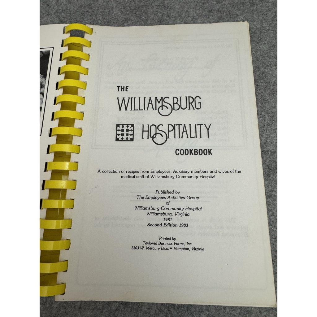 Williamsburg Hospitality Cookbook 1983 2nd Ed Williamsburg VA Spiral Cookbook