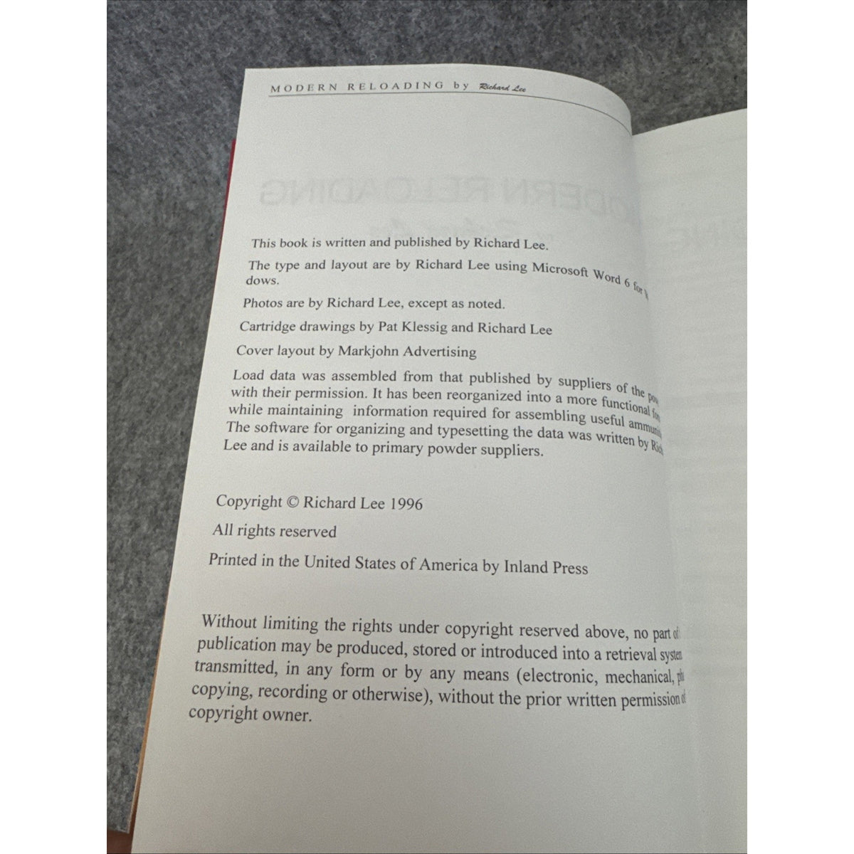 Modern Reloading By Richard Lee Reloading Manual HC First Edition 1996