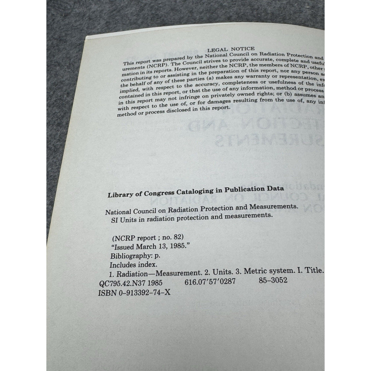 1985 SI Units Radiation Protection Measurements NCRP Report No. 82 Nuclear