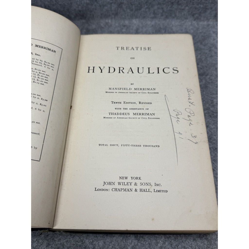 1916 Treatise on Hydraulics Mansfield Merriman 10th Revised Ed HC Engineering