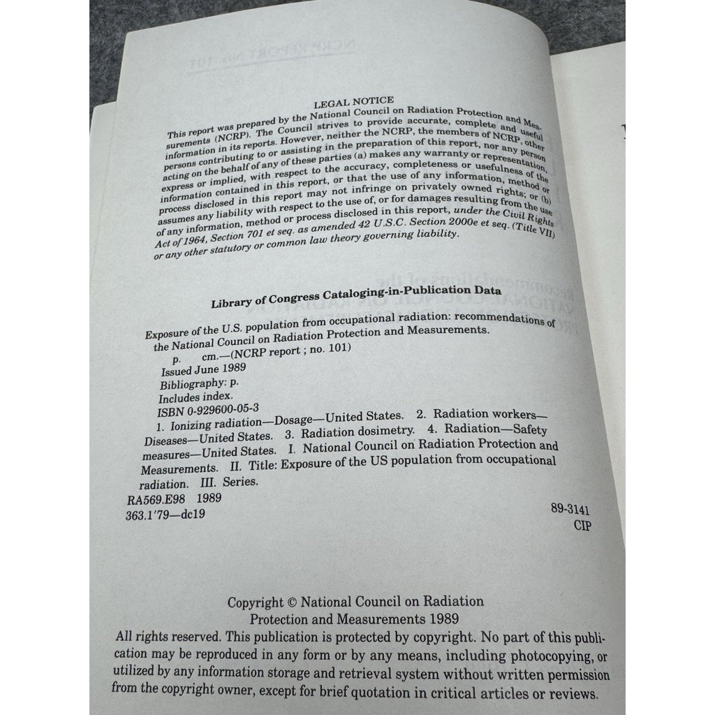 1989 Exposure U.S. Population Occupational Radiation NCRP Report No. 101