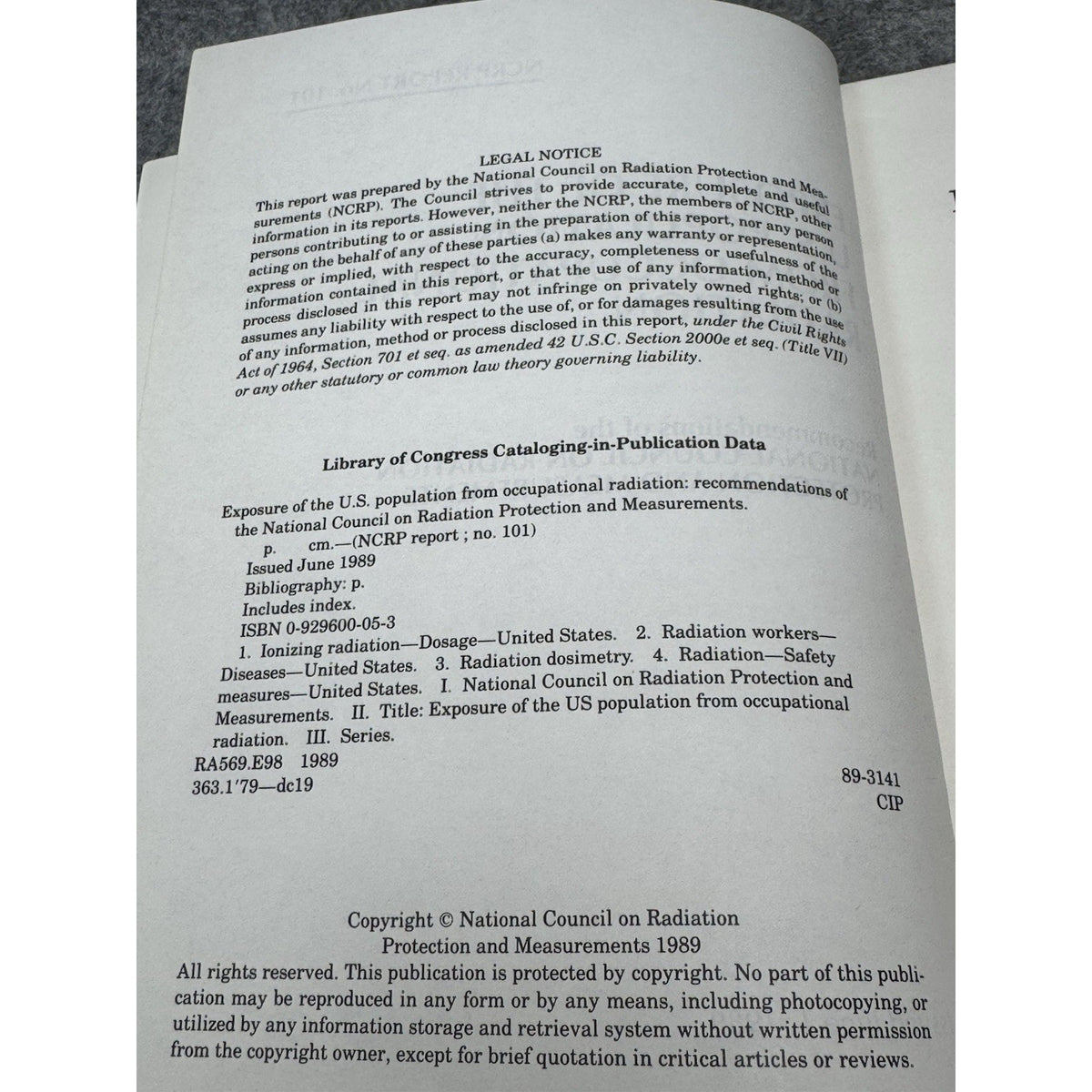 1989 Exposure U.S. Population Occupational Radiation NCRP Report No. 101
